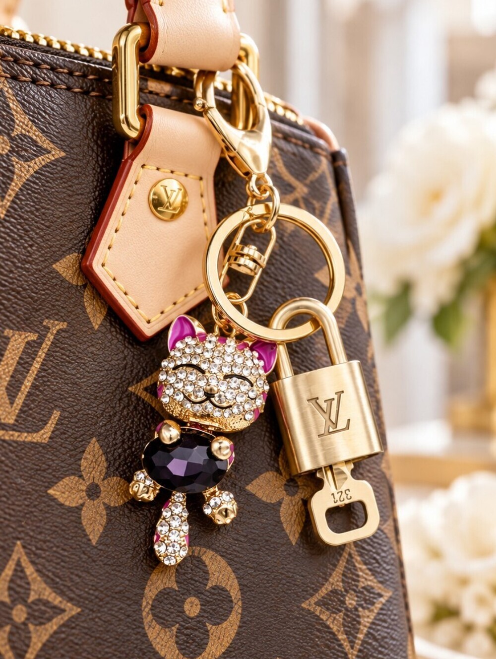 Louis Vuitton Authentic Gold Padlock π Key + Stylish Unbranded Cat Bag Charm